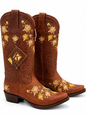 King Exotic Western Embroidered Cowgirl Boots - Brown & Yellow Floral